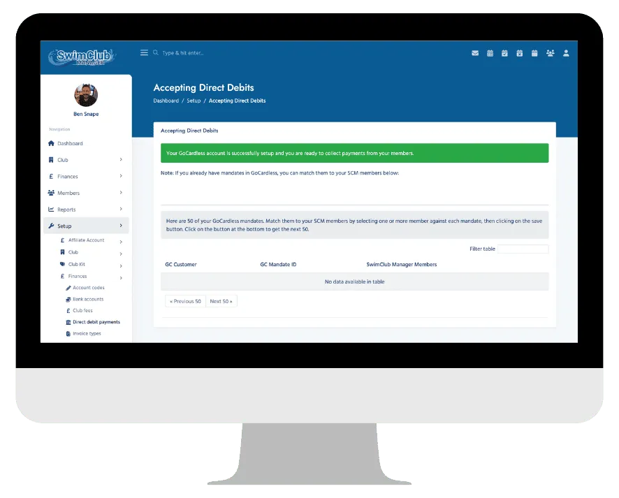 direct debit setup in SwimClub Manager